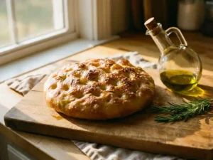 Goudbruine focaccia met olijfolie op houten snijplank, verse rozemarijn en glazen fles olijfolie in warm zonlicht