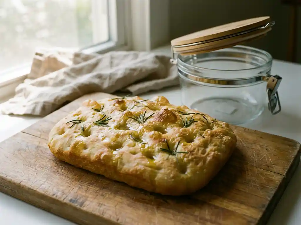 Goudbruine focaccia met rozemarijn op rustieke houten snijplank, glazen bewaardoos ernaast, warm ochtendlicht