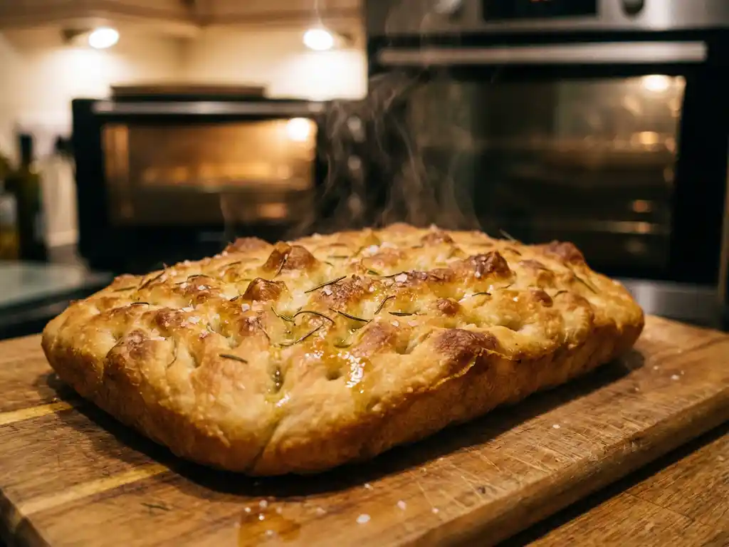 Versgebakken gouden focaccia op houten snijplank, glanzend van olijfolie met rozemarijn en zeezout, stoom stijgt op.