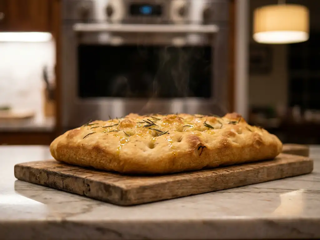 Versgebakken gouden focaccia met olijfolie en rozemarijn op een rustieke houten snijplank, stoom stijgt op