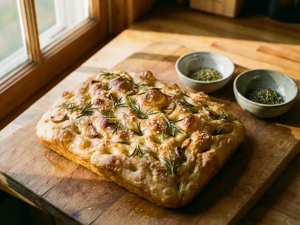 Goudbruin gebakken focaccia met rozemarijn, zeezout en knoflook op een houten snijplank in warm zonlicht