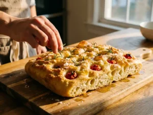 Goudbruine focaccia met rozemarijn, zeezout en kerstomaatjes op een houten snijplank, hand strooit verse kruiden