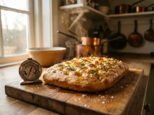 Vers gebakken gouden focaccia met rozemarijn en zeezout op een houten snijplank, stoom stijgt op in warm daglicht