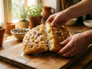 Handen scheuren een goudbruine focaccia open, luchtige textuur zichtbaar, met rozemarijn en zeezout op een houten plank.