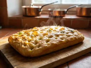 Vers gebakken gouden focaccia met olijfolie, zeezout en rozemarijn op een houten snijplank in warm keukenzonlicht