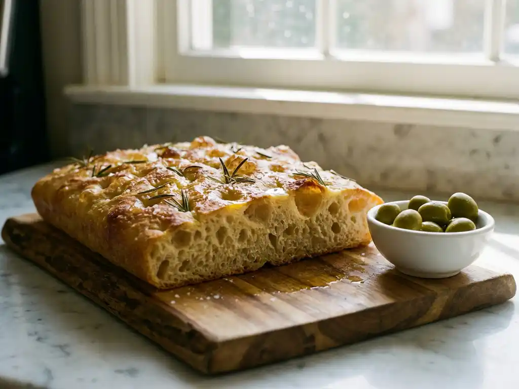 Goudbruine focaccia met rozemarijn en zeezout op houten snijplank, naast schaaltje groene olijven in natuurlijk licht