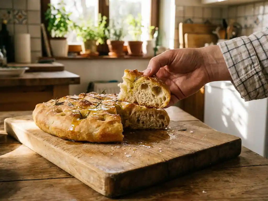 Vers gebakken focaccia op houten snijplank met rozemarijn en zeezout, hand scheurt stuk los dat luchtige textuur toont