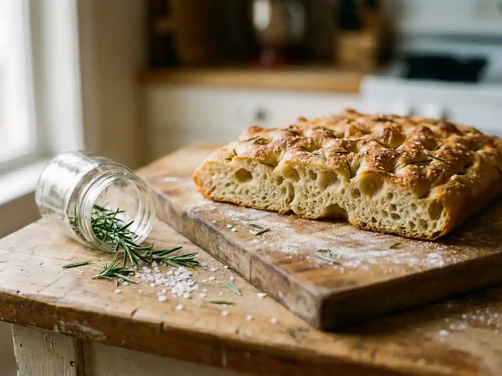Rustieke focaccia met gedimde korst en rozemarijn op houten snijplank, bestrooid met grof zeezout in warm natuurlijk licht