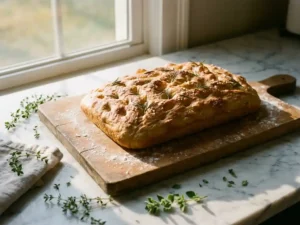 Goudbruine focaccia met verse rozemarijn en grof zeezout op een houten snijplank, zonlicht door keukenraam.