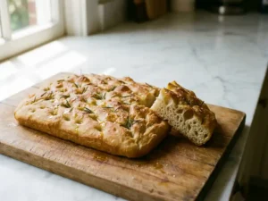 Vers gebakken focaccia met rozemarijn op een houten snijplank, met luchtige textuur en glinsterend olijfolie