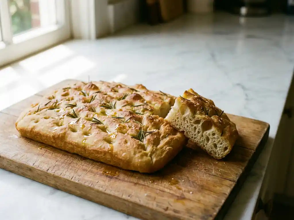 Vers gebakken focaccia met rozemarijn op een houten snijplank, met luchtige textuur en glinsterend olijfolie