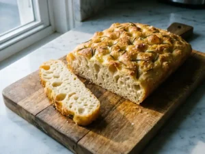 Vers gebakken gouden focaccia met rozemarijn en zeezout op een houten snijplank, met één plak die het luchtige binnenste toont