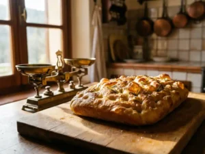 Vers gebakken gouden focaccia met rozemarijn op een houten snijplank, naast een vintage keukenweegschaal in warm zonlicht