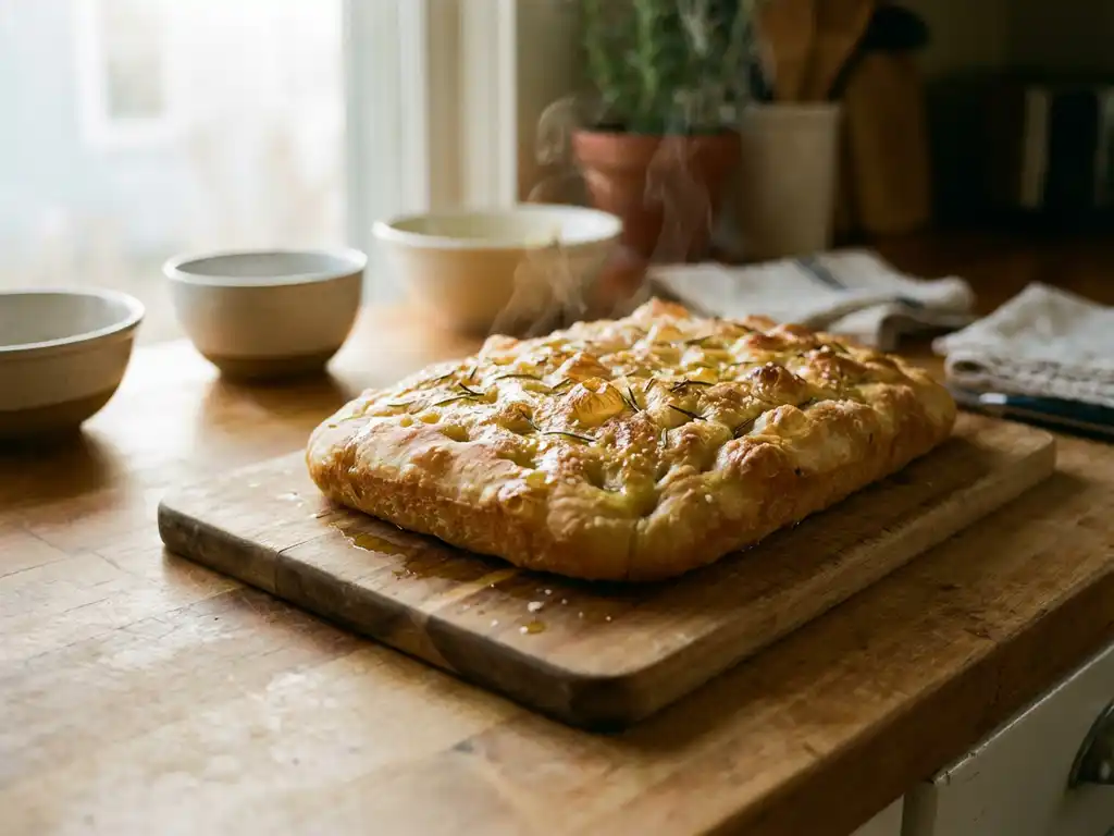 Versgebakken focaccia met rozemarijn en grof zeezout op een houten snijplank, stoom stijgt op in warm ochtendlicht