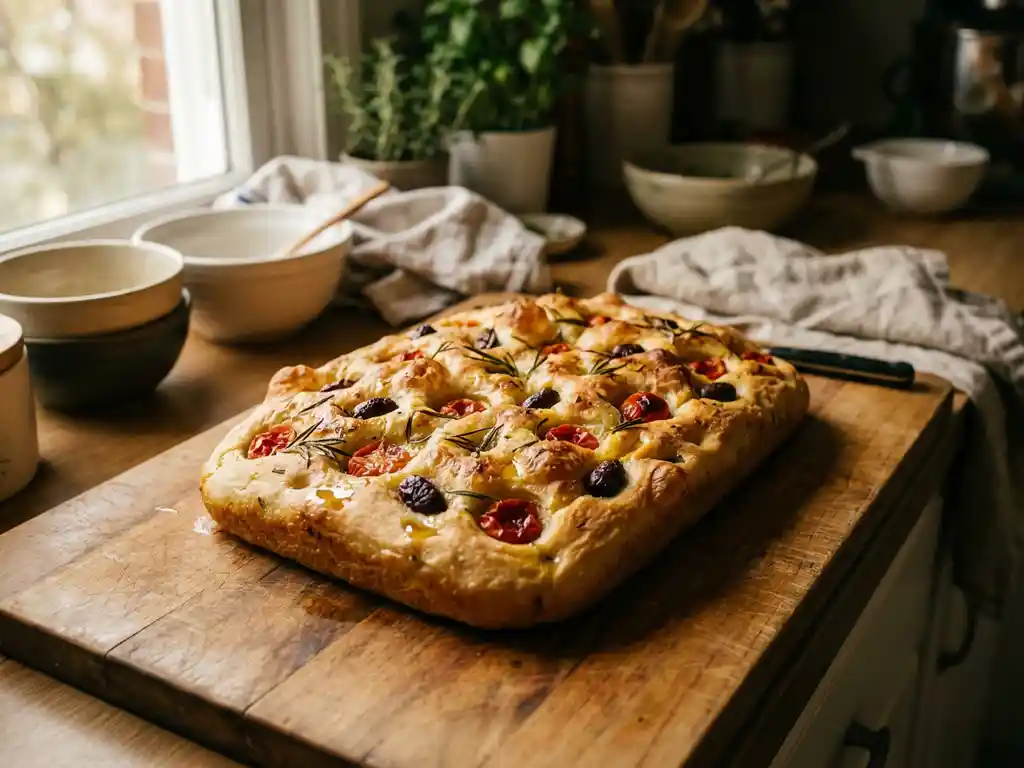 Versgebakken gouden focaccia met kerstomaatjes, rozemarijn en olijven op een rustieke houten snijplank
