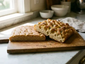 Twee focaccia's op houten snijplank: één dicht en plat, één luchtig met open kruim, olijfolie en rozemarijn
