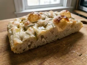 Vers gebakken focaccia met olijfolie en rozemarijn op een houten snijplank, close-up in warm keukenlicht