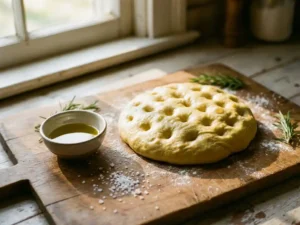 Gouden focacciadeeg op rustieke houten snijplank met olijfolie, zeezout en verse rozemarijn in warm keukenlicht