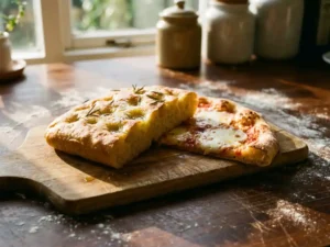 Focaccia met rozemarijn en olijfolie naast knapperige pizzapunt met mozzarella op rustieke houten snijplank