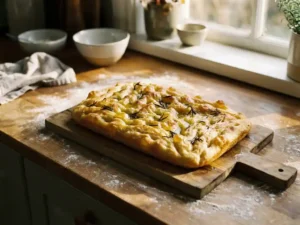Vers gebakken focaccia met rozemarijn op een rustieke houten snijplank, bestrooid met meel in warm ochtendlicht