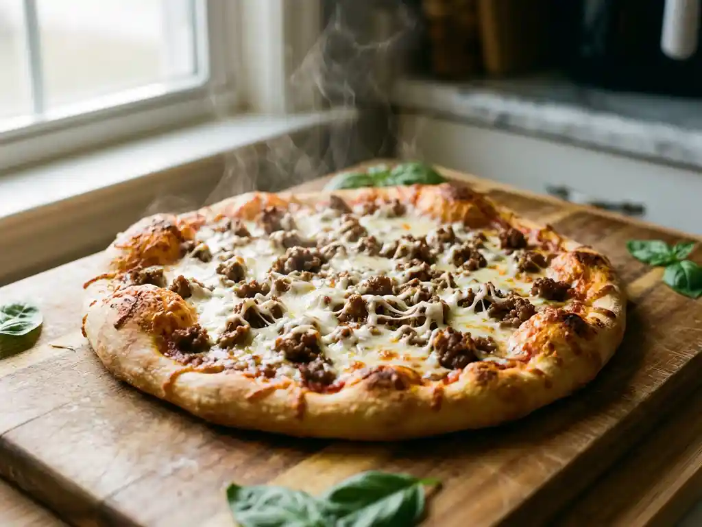 Versgebakken pizza met gekruid gehakt en gesmolten mozzarella op een houten snijplank, met basilicum en stoom