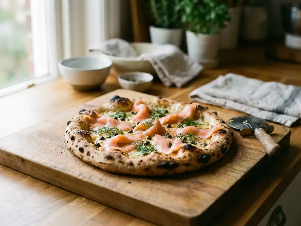 Artisan pizza met gerookte zalm, kappertjes en verse dille op een rustieke houten snijplank in warm daglicht