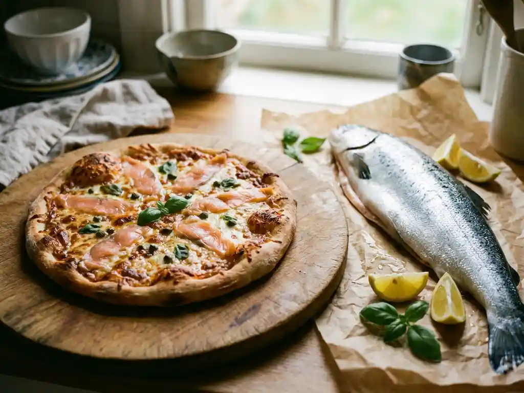 Versgebakken pizza met gerookte zalm en kappertjes op een houten snijplank, naast rauwe vis, basilicum en citroen
