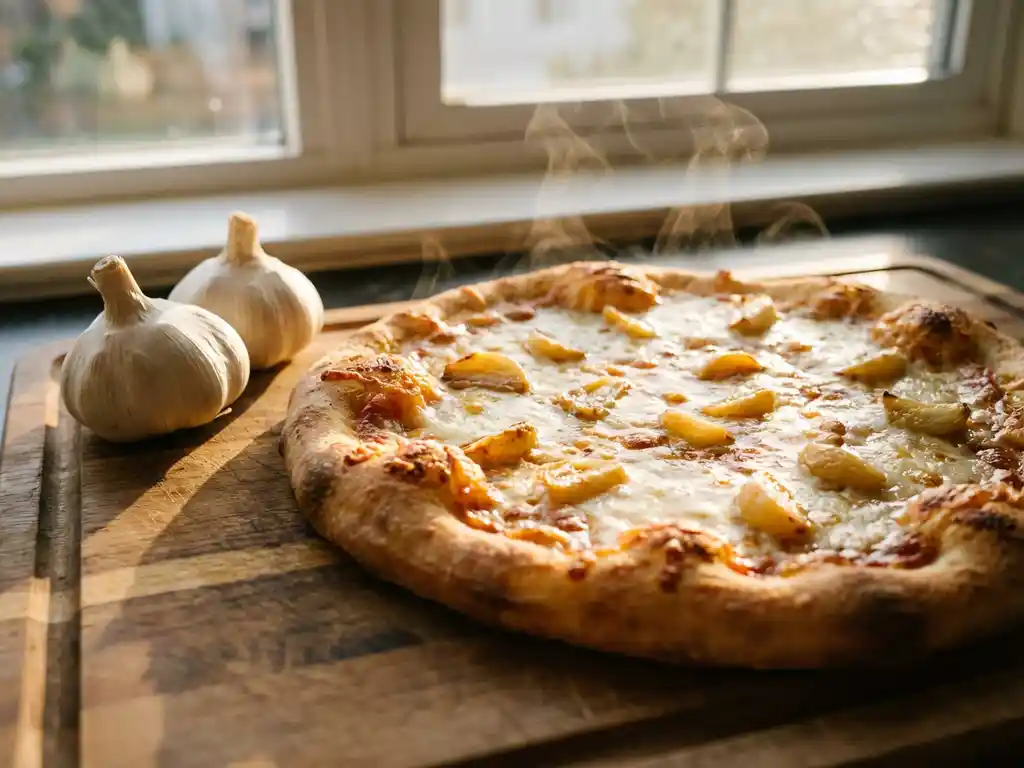 Versgebakken gouden pizza met geroosterde knoflook op gesmolten mozzarella, naast knoflookbollen op een houten snijplank