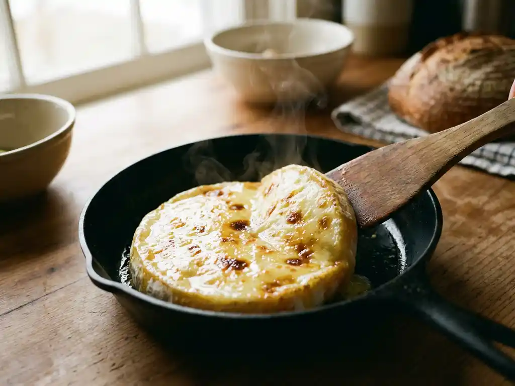 Goudbruine gesmolten kaas met glanzende karamelisatie en stoomwolkjes in gietijzeren pan, rustieke keuken met zacht licht