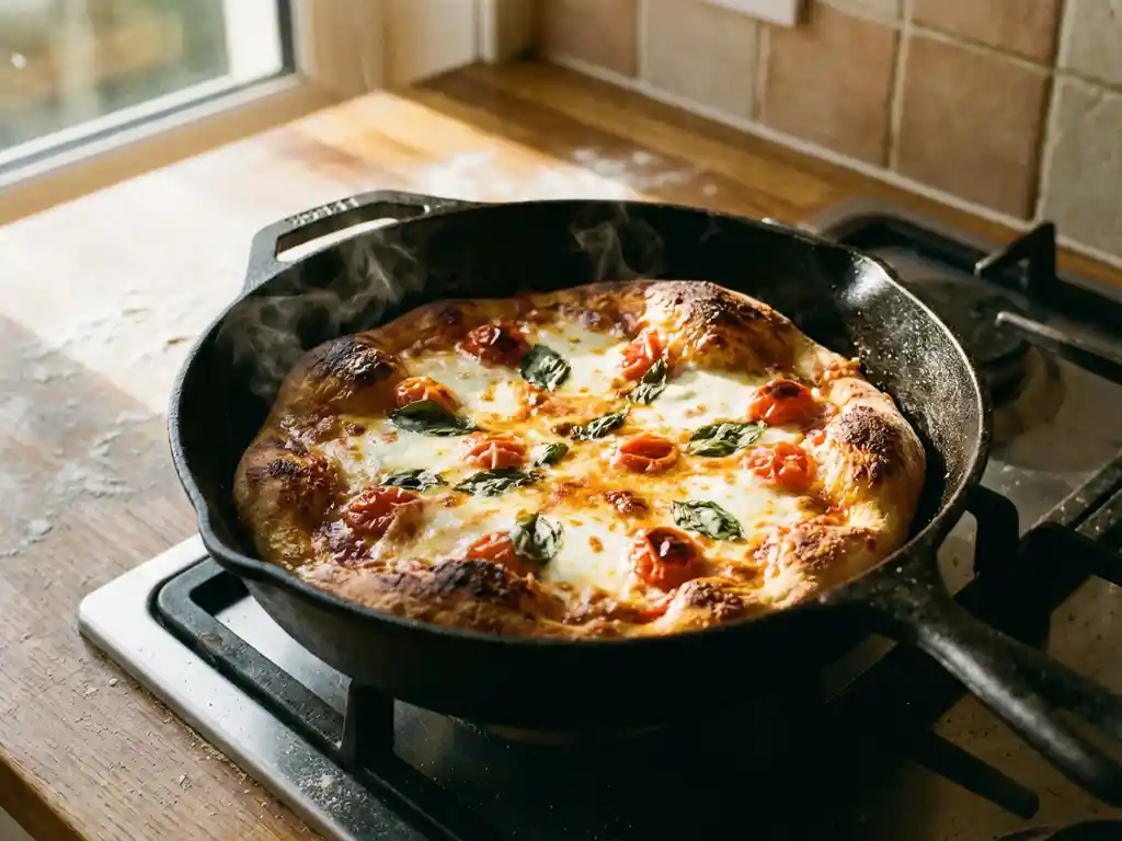Goudbruine pizza met gesmolten mozzarella en verse basilicum borrelend in een gietijzeren pan op het fornuis