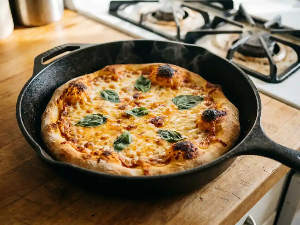 Goudbruine huisgemaakte pizza met gesmolten kaas en verse basilicum in een gietijzeren pan op houten aanrecht