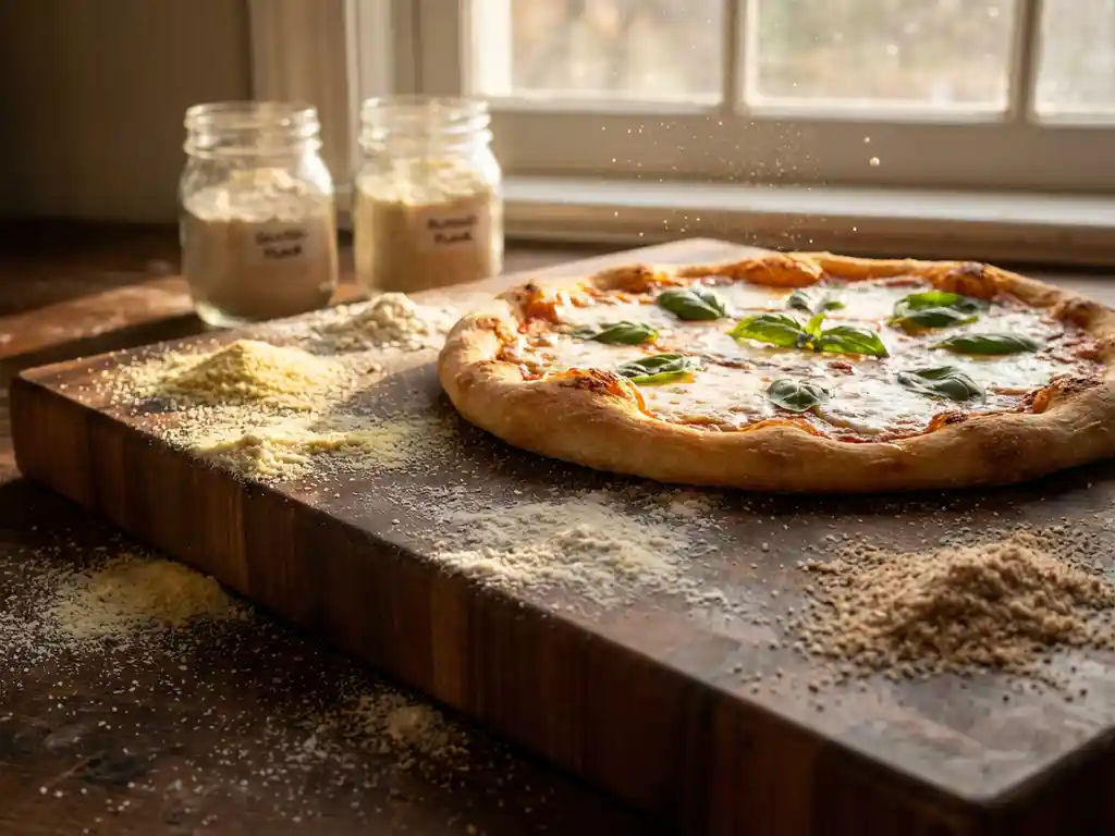 Versgebakken glutenvrije pizza met gesmolten kaas en basilicum op een houten snijplank, omringd door meelpotjes