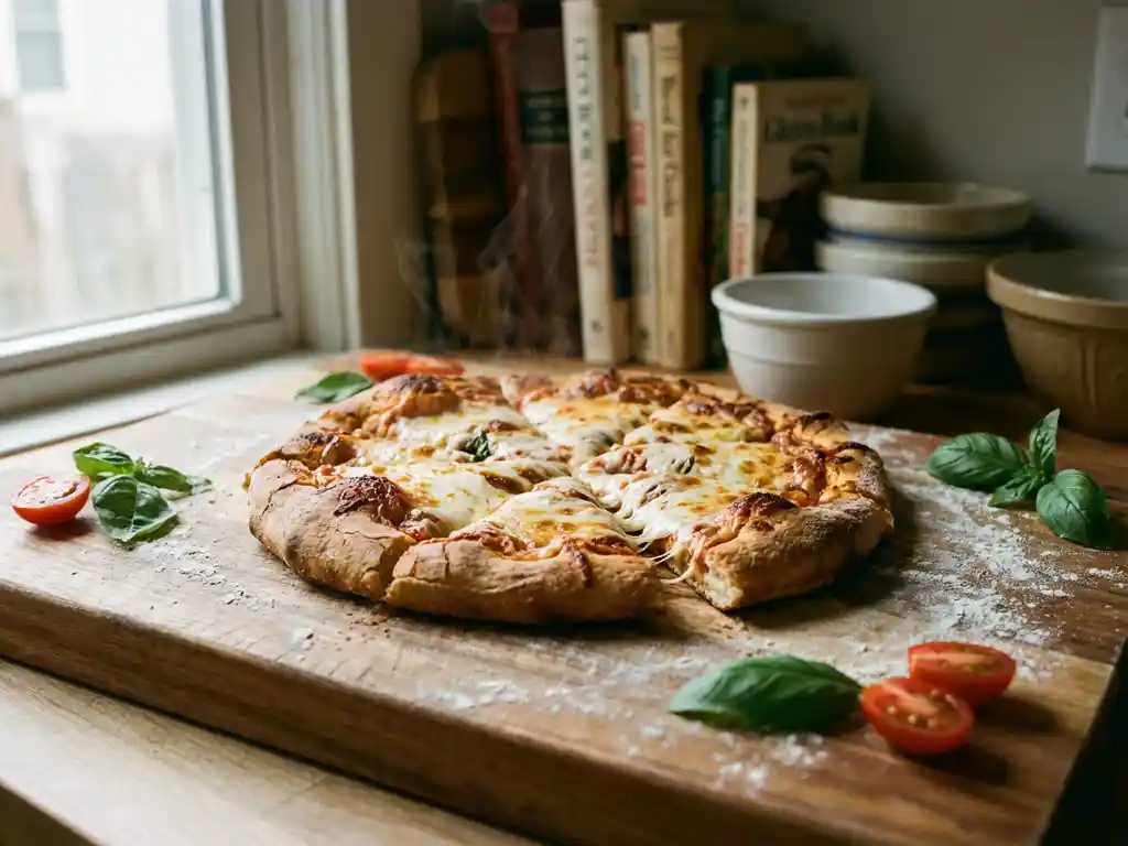 Versgebakken glutenvrije pizza met goudbruine korst en gesmolten mozzarella op een houten snijplank met basilicum en tomaten