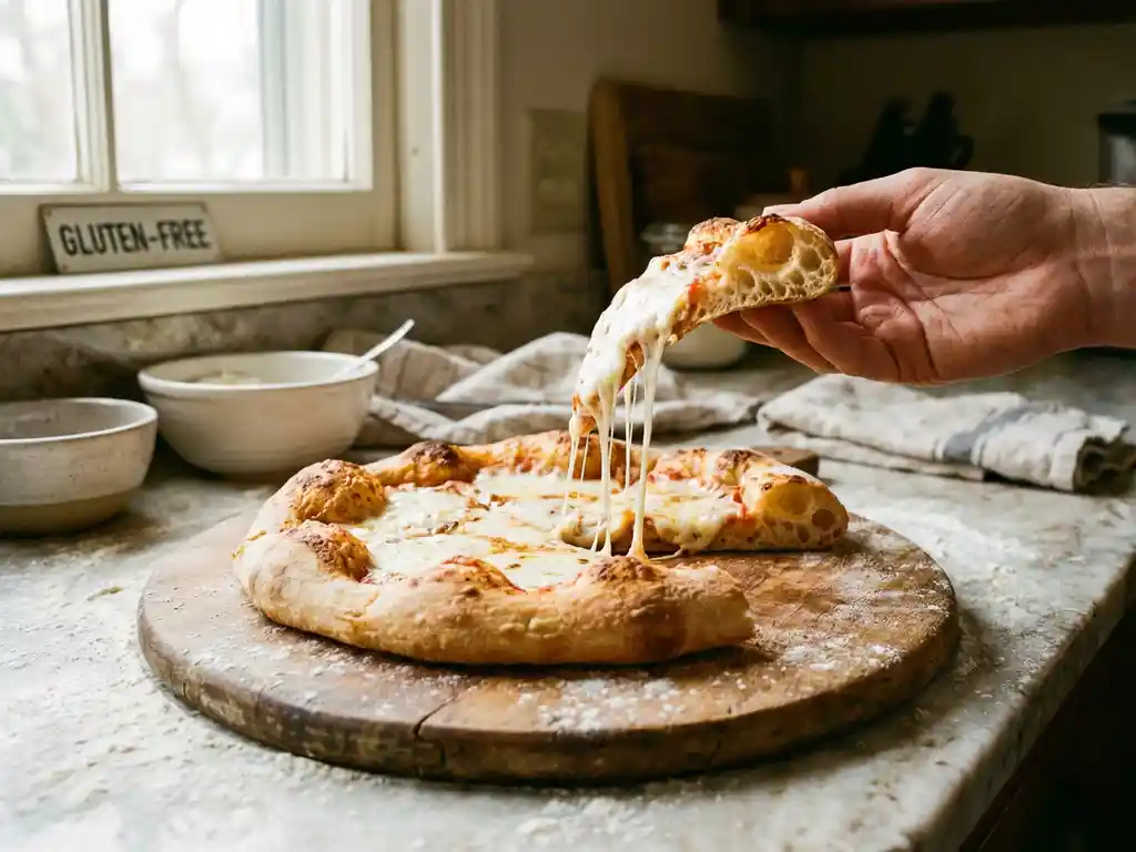 Glutenvrije pizza met goudbruine korst wordt opgetild, smeltende mozzarella strekt mee, luchtige textuur zichtbaar