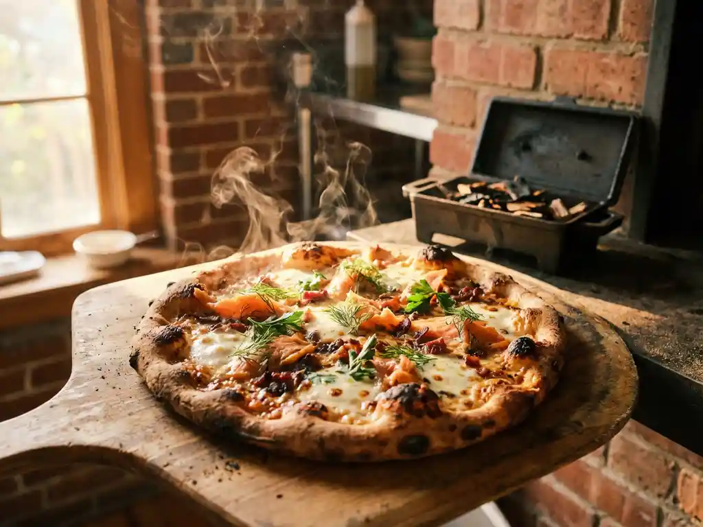 Versgebakken houtoven pizza met gouden kaas, gerookte zalm en bacon op houten plank in warme keuken