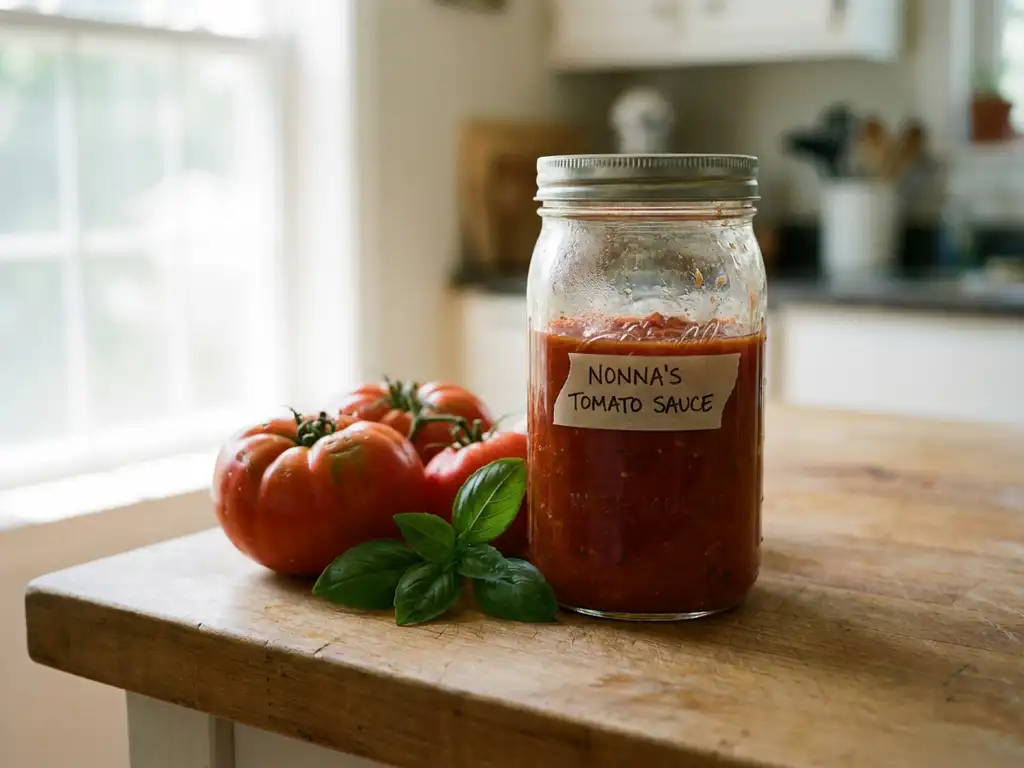Glazen weckpot met rode tomatensaus op houten aanrecht, naast verse tomaten en basilicum in warm keukenlicht.