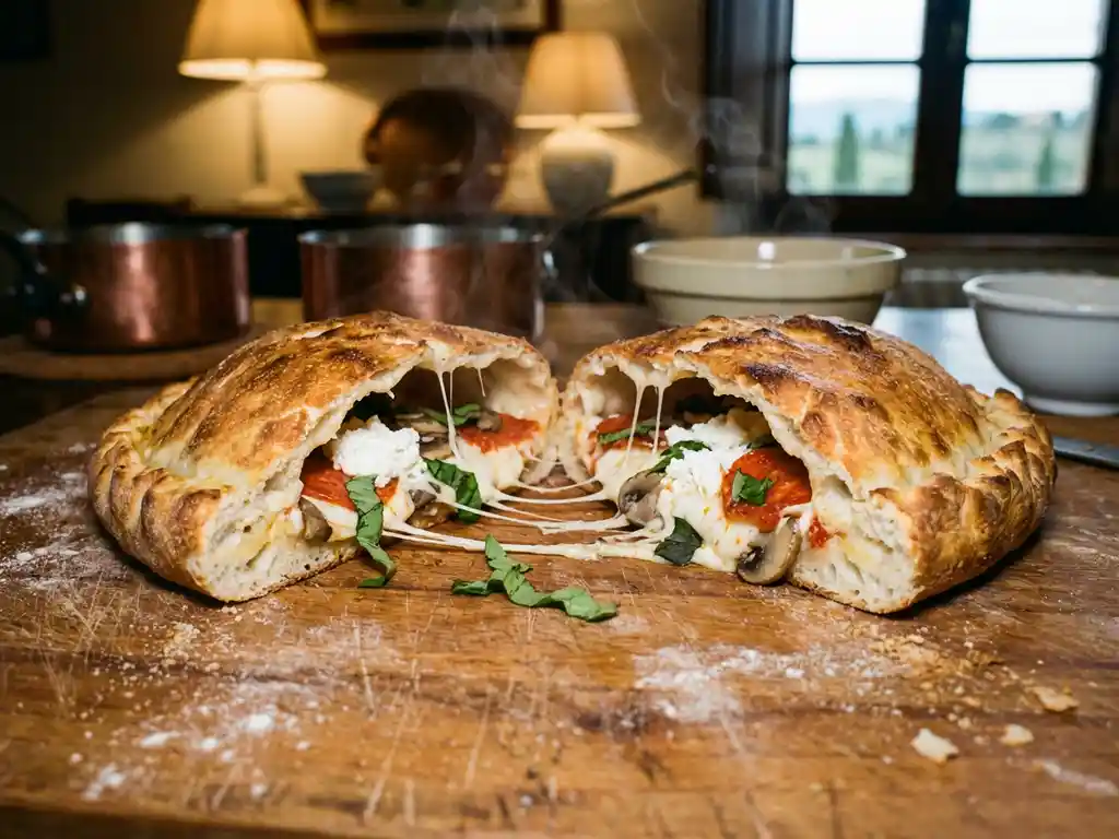 Opengeknipte gouden calzone met smeltende mozzarella, pepperoni, ricotta en basilicum op rustieke houten snijplank