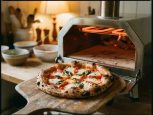 Versgebakken Napolitaanse pizza met borrelende mozzarella op een houten pizzaschep voor een gloeiende pizzaoven