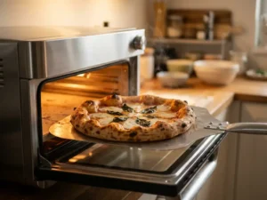 Goudbruine Napolitaanse pizza met borrelende mozzarella op een pizzaschep, half uit een roestvrij stalen oven