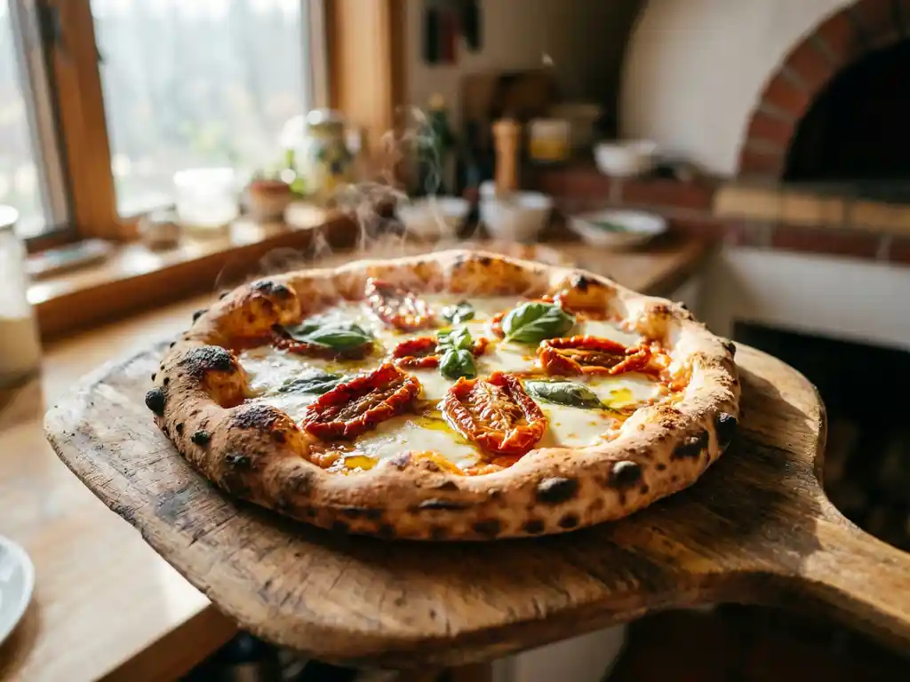 Versgebakken Napolitaanse pizza met zongedroogde tomaten, gesmolten mozzarella en verse basilicum op houten pizzaschep