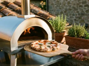 Napolitaanse pizza met bubbelende mozzarella op houten pizzaschep voor roestvrijstalen pizzaoven met vlammen