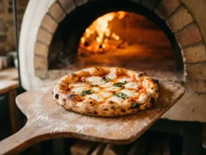 Goudbruine Napolitaanse pizza met borrelende mozzarella op houten pizzaschep voor traditionele brandende steenoven