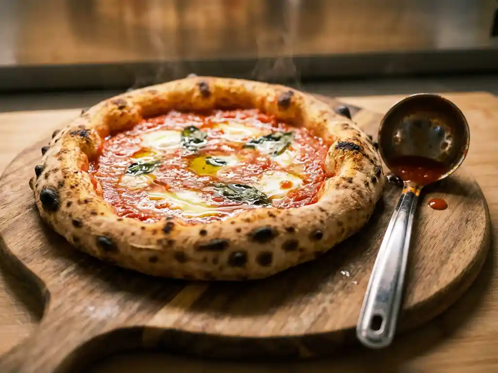 Verse Napolitaanse pizza met goudbruine korst en glanzende tomatensaus op een houten pizzaschep