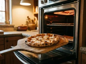Goudbruine Napolitaanse pizza met bubbelende mozzarella op een houten pizzaschep voor een gloeiende oven