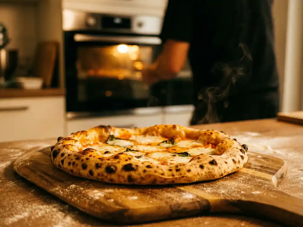 Versgebakken Napolitaanse pizza met goudbruine korst en borrelende mozzarella op een houten pizzaschep in warme keuken