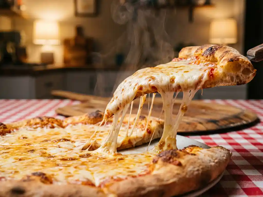 Vers gebakken New York pizza met goudbruine korst en smeltende mozzarella die uitrekt van een opgetild punt