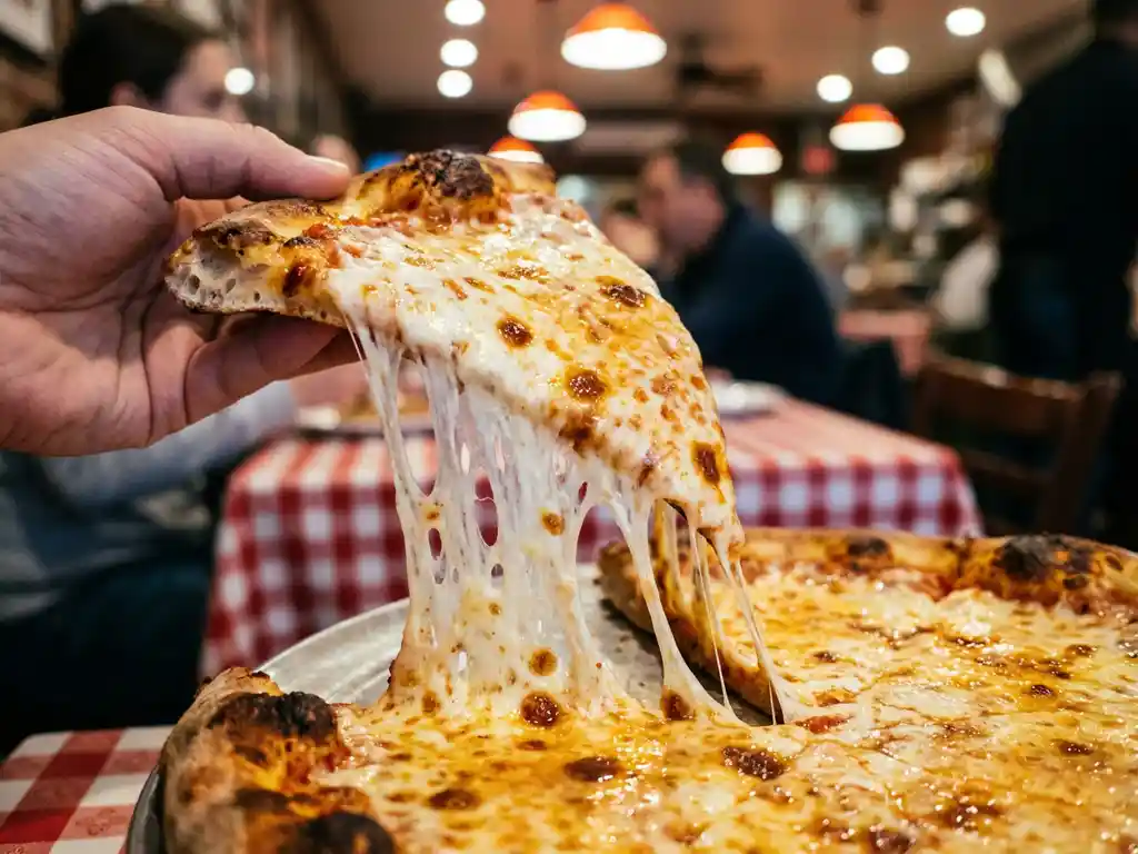 Vers gebakken New York pizzapunt met smeltende mozzarella die uitrekt, goudbruine korst op rood-wit geruit tafelkleed.