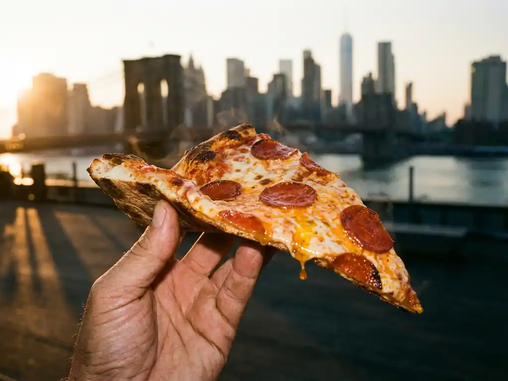Hand houdt dampende New York pizza punt met gesmolten kaas voor Manhattan skyline bij zonsondergang