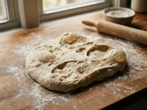 Overgerezen en ingezakte pizzadeegbal met kraterachtig oppervlak op met meel bestoven houten aanrecht, deegroller ernaast