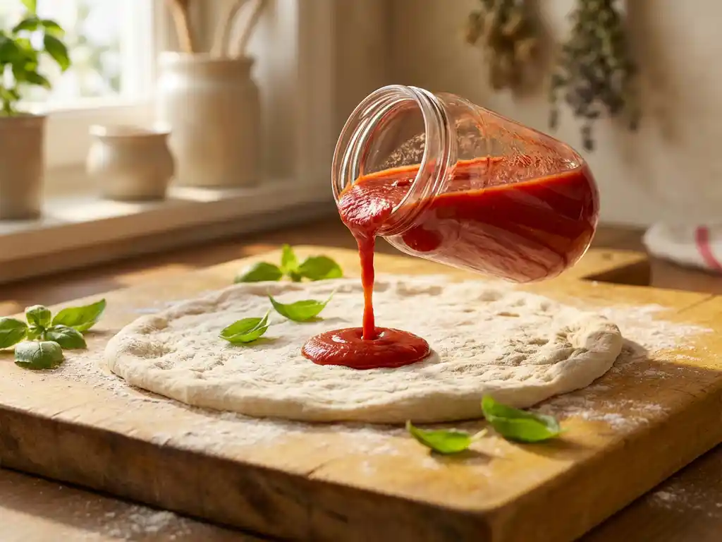 Glazen pot passata wordt uitgegoten over rauwe pizzadeeg op houten snijplank met verse basilicum in Italiaanse keuken